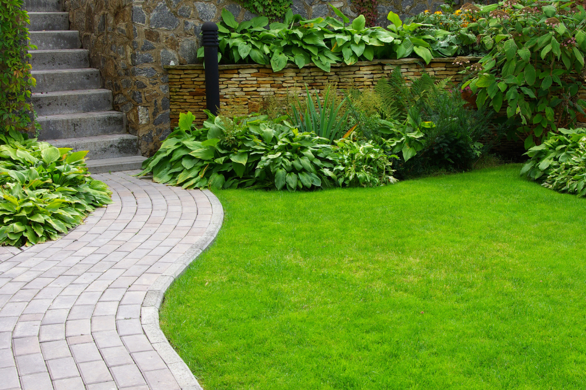 Curved stone walkway bordered by lush green lawn and garden plants in a professionally landscaped Redmond yard.