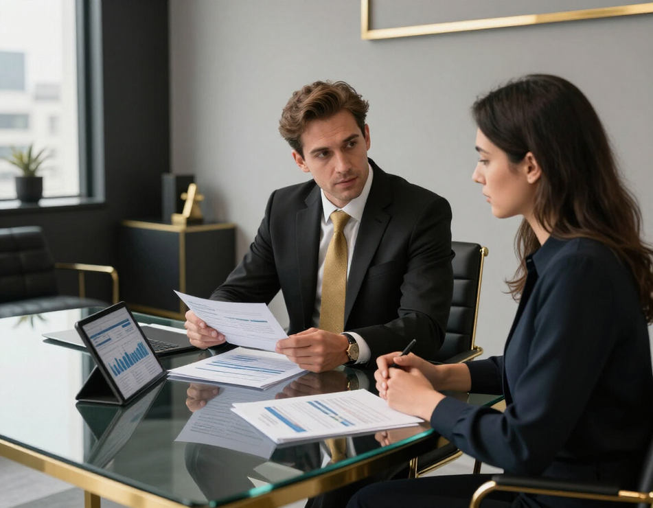 Dos profesionales revisan documentos en una mesa de conferencias de cristal en una oficina moderna.