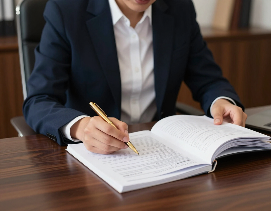 Una persona con un blazer azul marino escribe en un cuaderno abierto en un escritorio de madera.