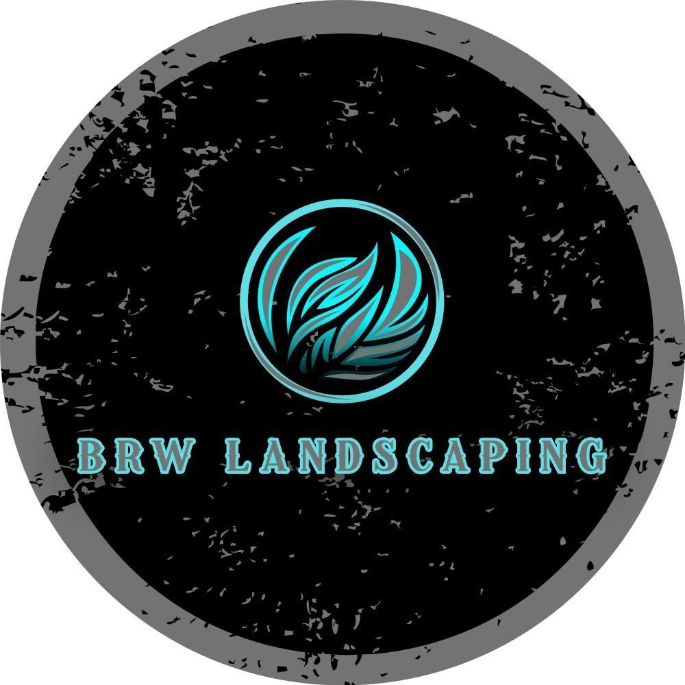 Logo for BRW Landscaping. A circular design with a black, grunge background, teal leaves, and teal text.