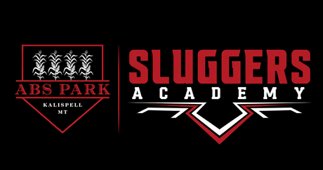 A logo for abs park and sluggers baseball on a black background.