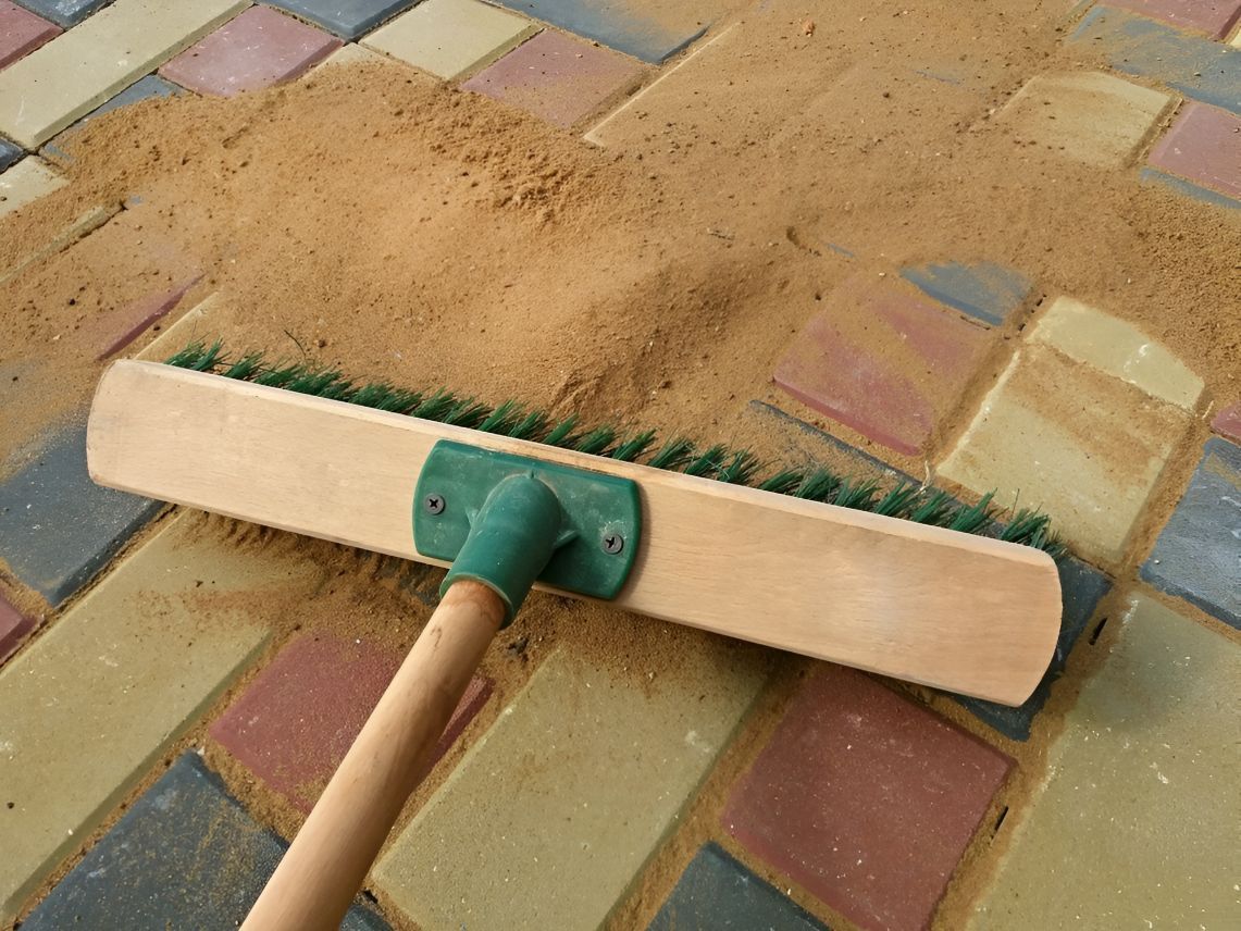 A Broom With A Green Handle Is Laying On A Brick Floor — Regina's Cleaning Group Pty Ltd In Lee Point, NT