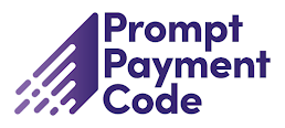 The prompt payment code logo is purple and white and says prompt payment code.