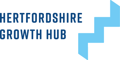 The hertfordshire growth hub logo has a blue arrow pointing up.