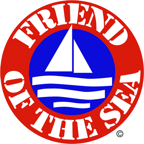 A logo for friend of the sea with a sailboat in the middle