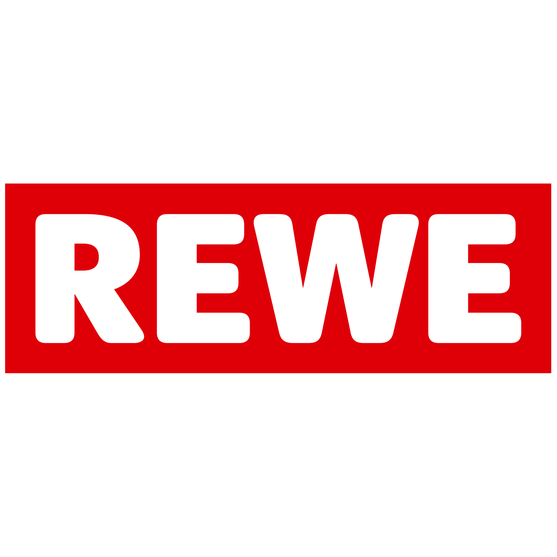 The rewe logo is red and white on a white background.