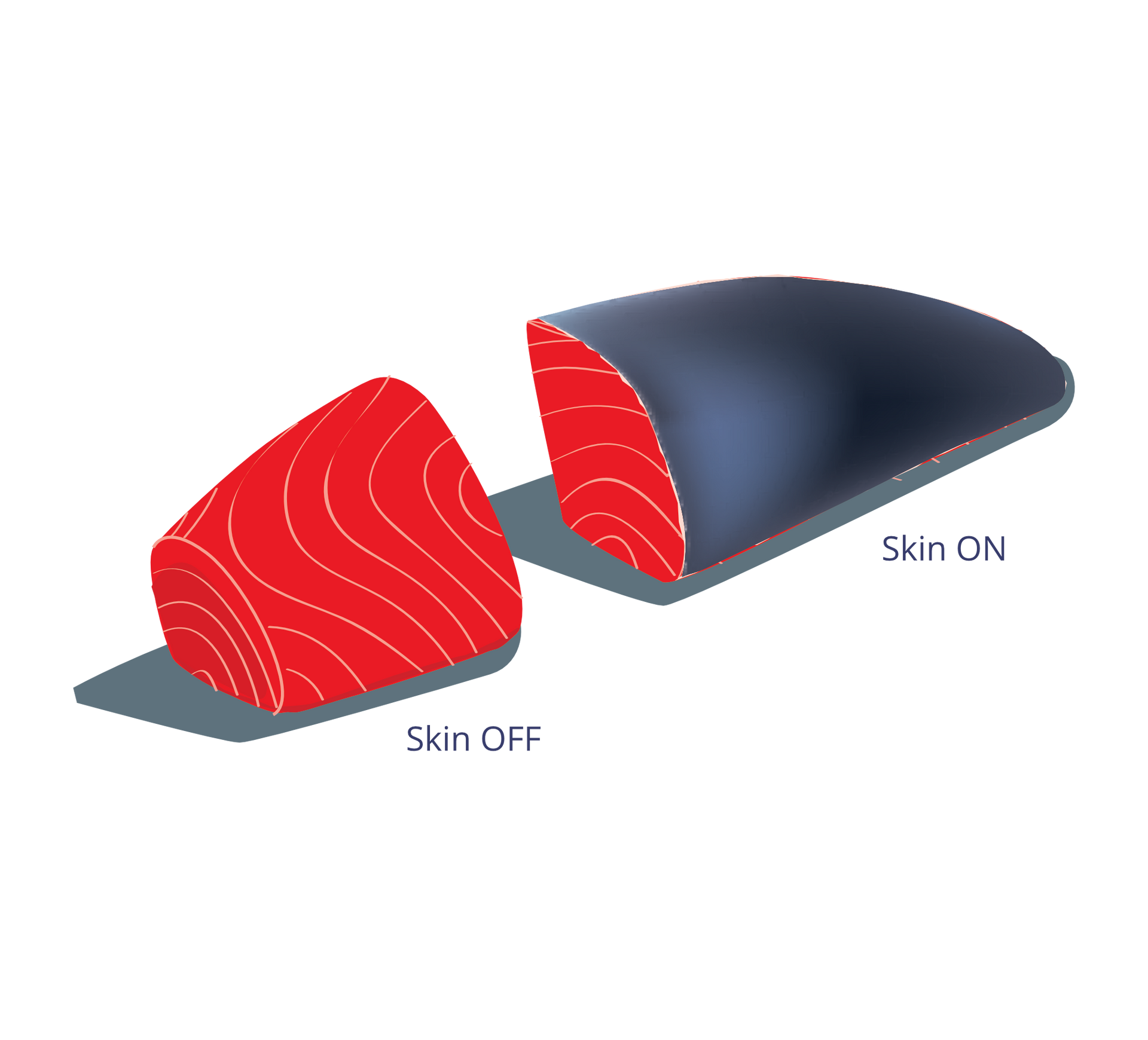 An illustration of a piece of salmon being cut in half.