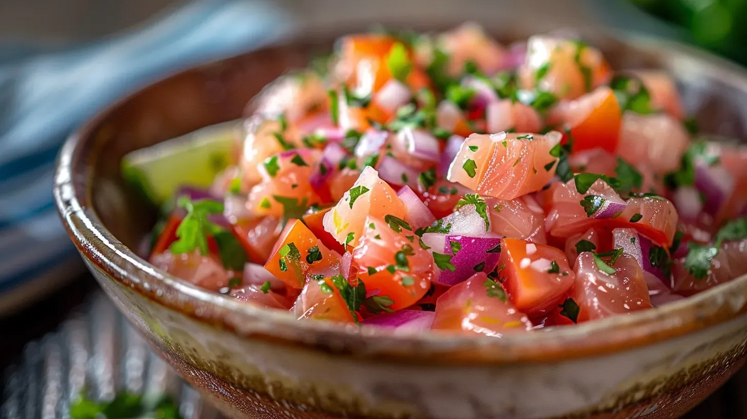A bowl of salsa with tomatoes , onions and cilantro on a table.