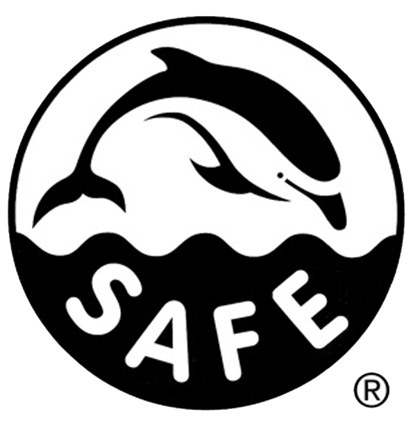 A black and white logo for safe with a dolphin jumping out of the water