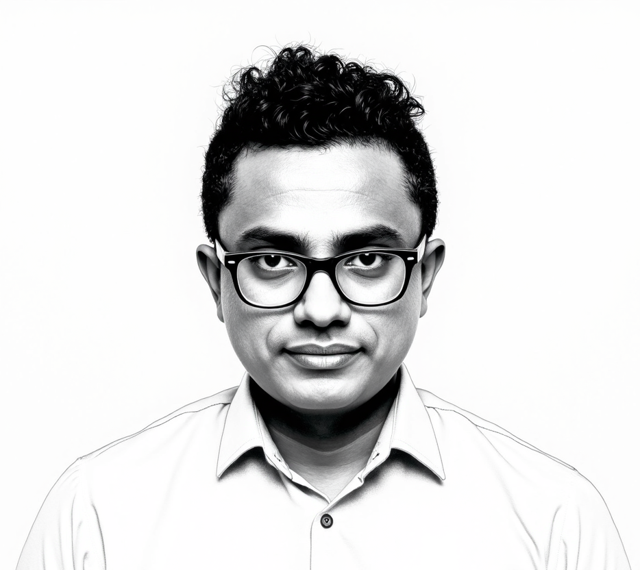 A black and white pencil drawing of a smiling man wearing glasses.