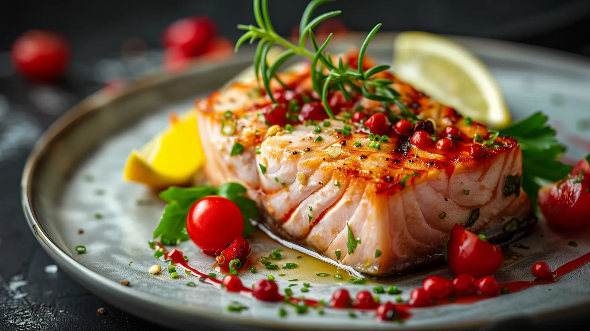 A close up of a plate of food with a piece of salmon on it.