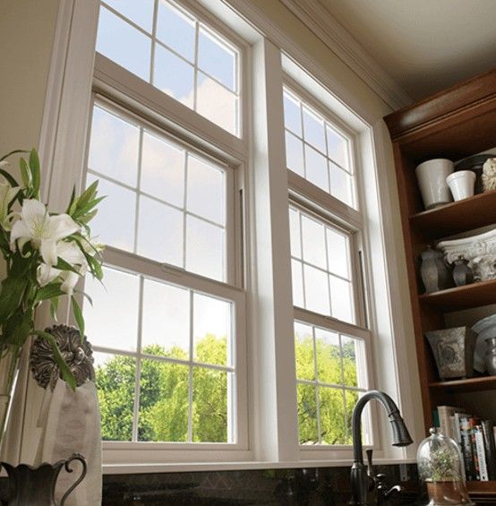 Two white-framed, multi-pane windows with a view of trees, next to a cabinet with dishes and a kitchen faucet.