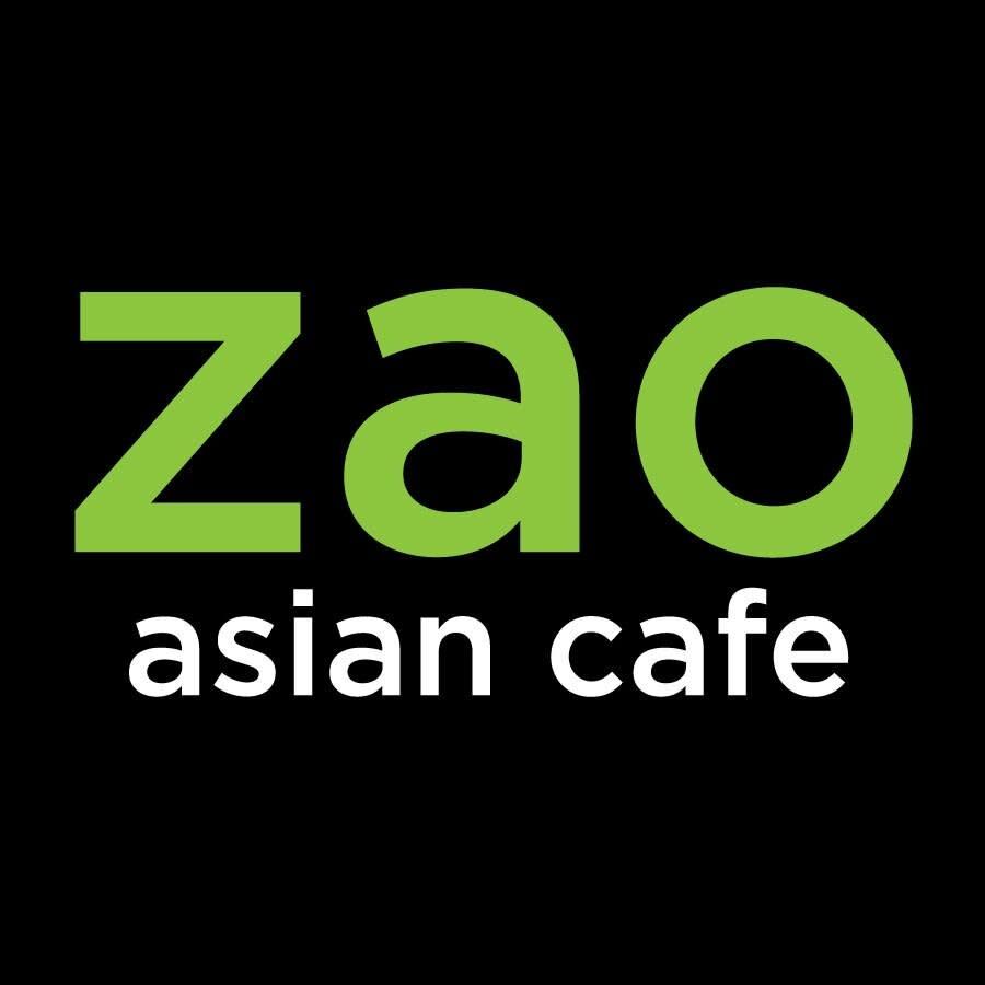 The logo for zao asian cafe is green and white on a black background.