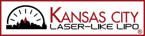 Logo for Kansas City Laser-Like Lipo with a skyline and clock graphic, red text on white background with a red border.