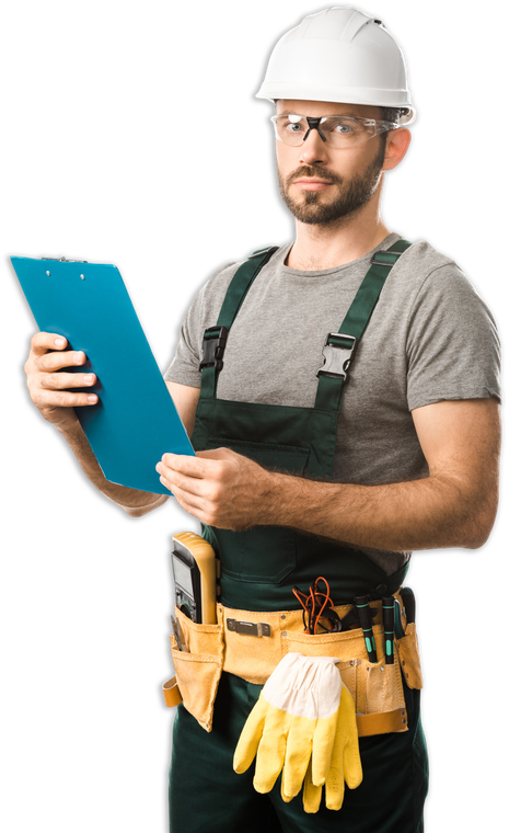Construction worker wearing a hard hat and safety glasses, holding a clipboard and tool belt.