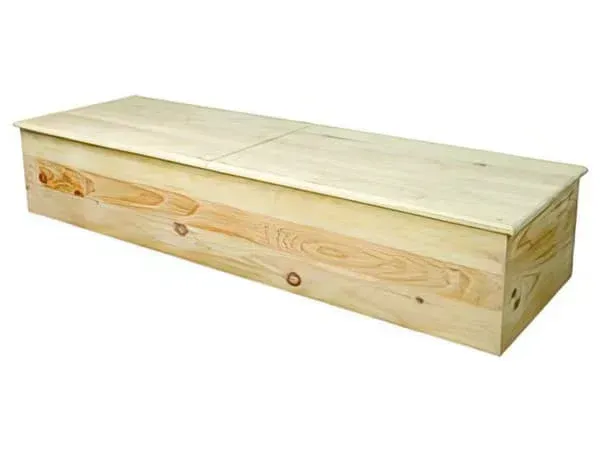 A wooden box with a lid on a white background.