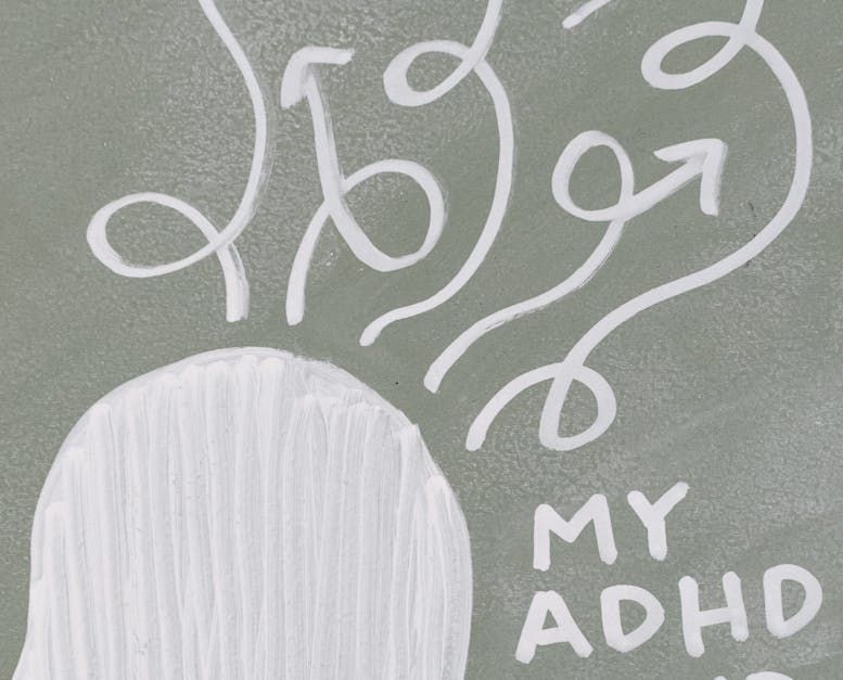 A drawing of a person 's head with the words `` my adhd '' written on it.