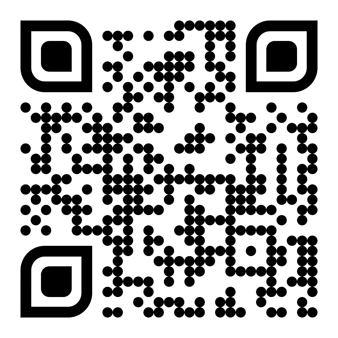 A black and white qr code with dots on it on a white background.