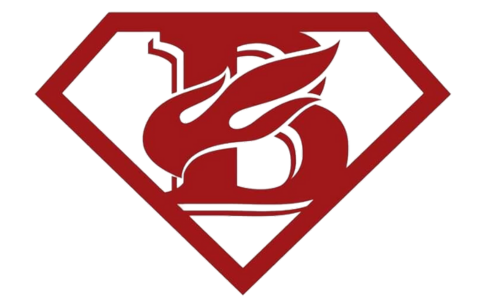 A red and white superhero logo with a bird on it