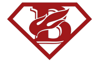 A red and white superhero logo with a bird on it