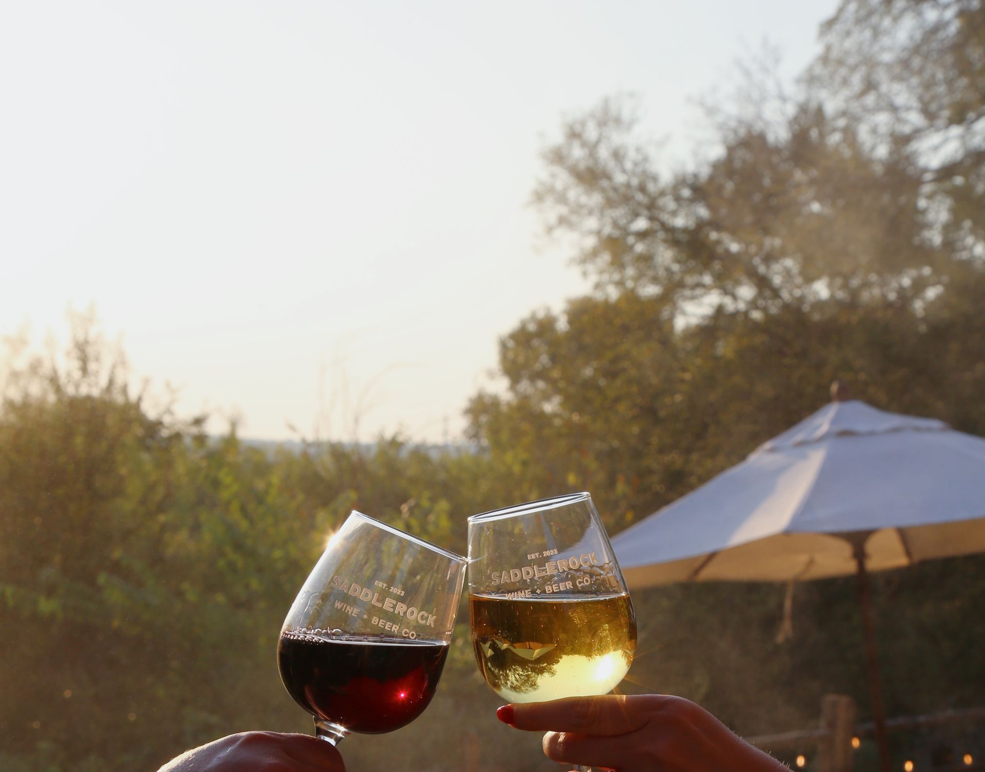 Two people toasting with wine glasses in front of an umbrella