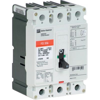 Circuit breaker, Eaton Cutler-Hammer FD 35k, with a black lever set to 30. White and gray body with label details.