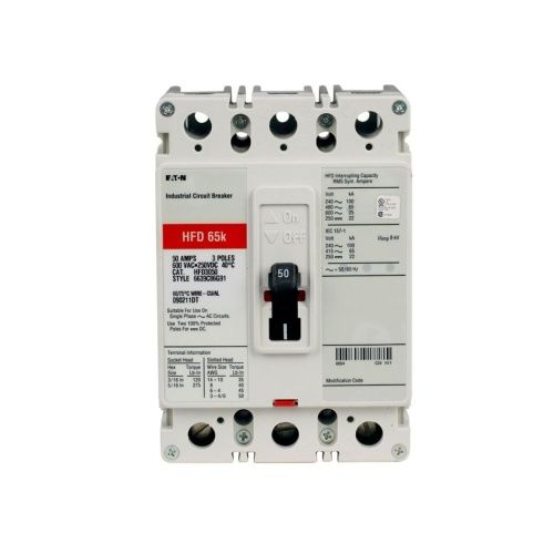 Eaton HFD 60A circuit breaker, white with black handle, technical labels, and screw terminals.