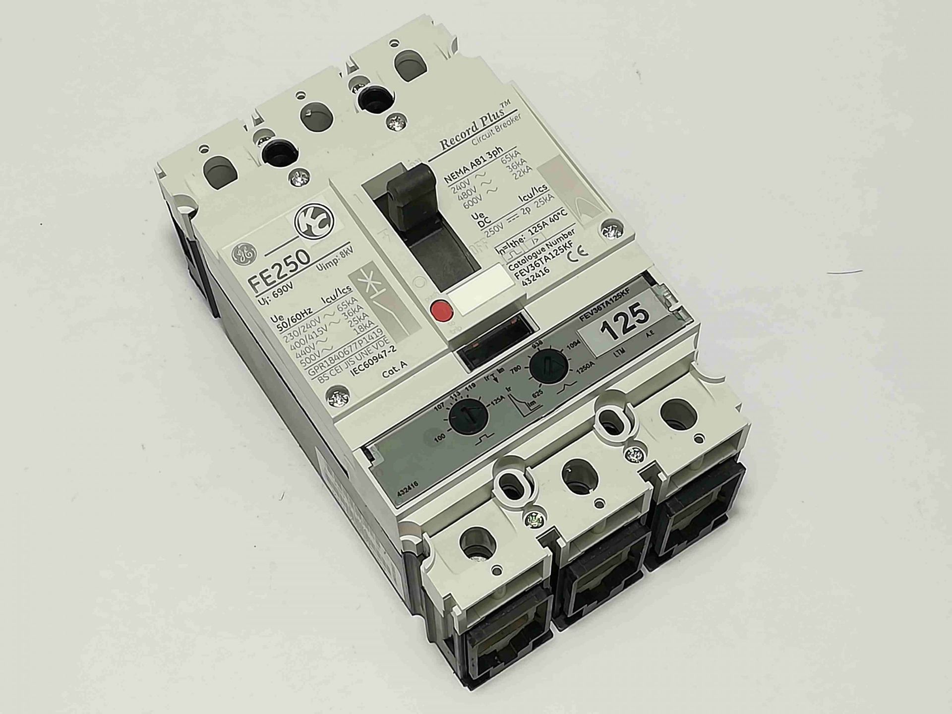 Three-pole circuit breaker with a gray body and 125 amp rating, set against a white background.