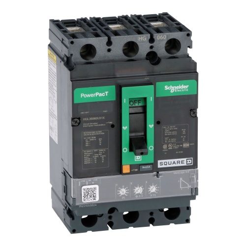 A black and green Schneider Electric PowerPact T circuit breaker, OFF position.