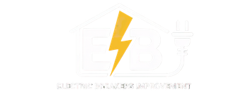 Logo with a yellow lightning bolt inside of a house shape. Text