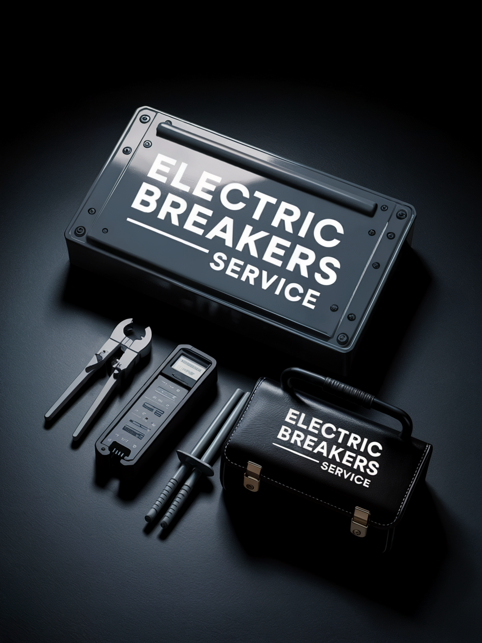 Electric breaker service kit with tools and cases on a dark background.