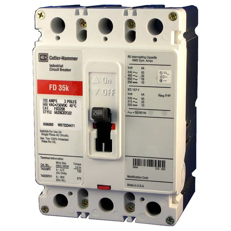 White and red industrial circuit breaker labeled