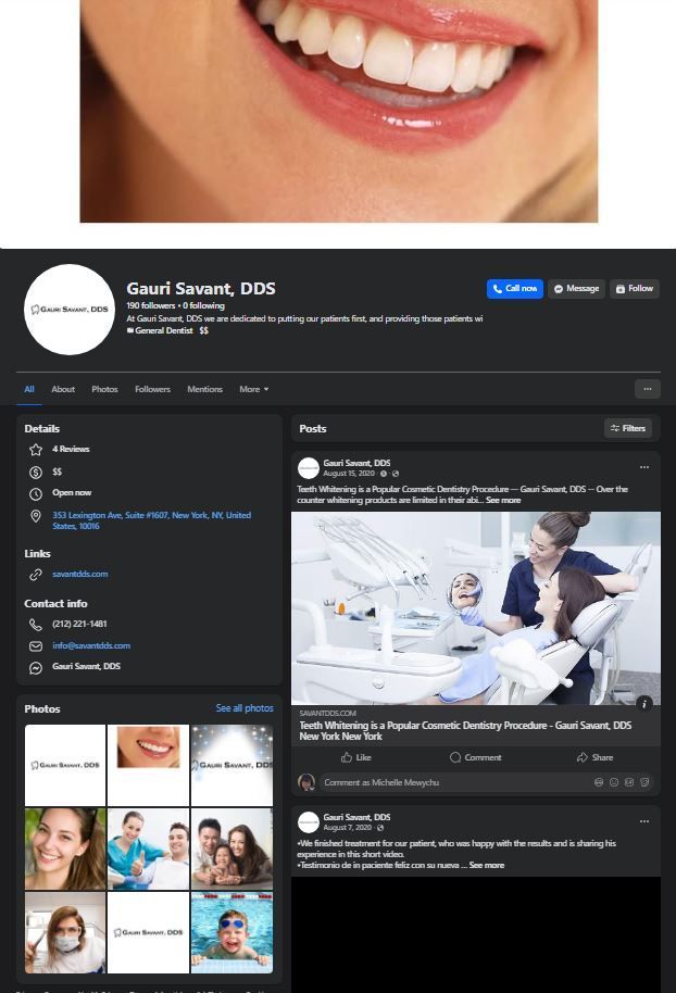Close-up of teeth smiling, and a Facebook page for a dentist.