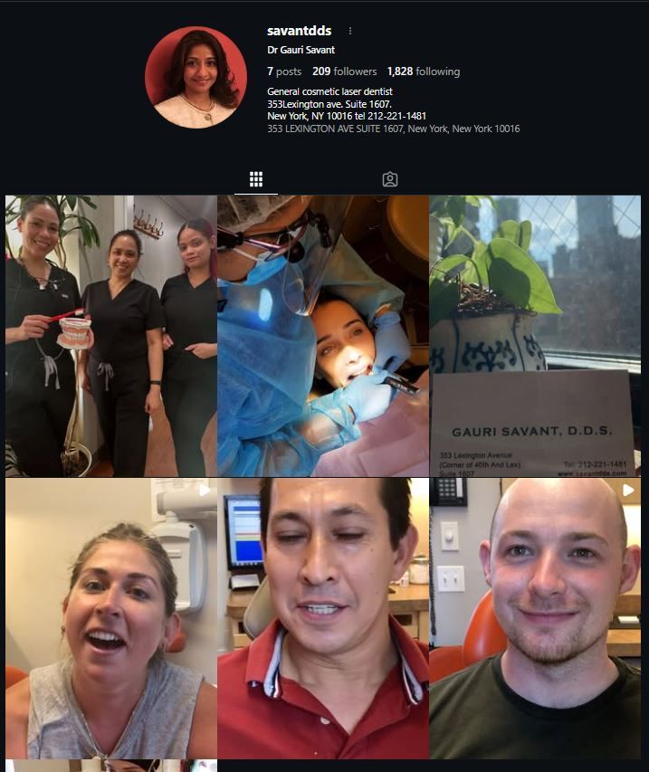 Instagram profile for Dr. Ranna Siddiqi, showcasing dentistry, patients, and staff.