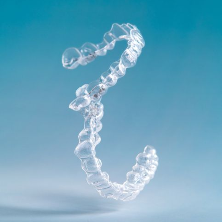 Clear, plastic dental aligner against a blue background.