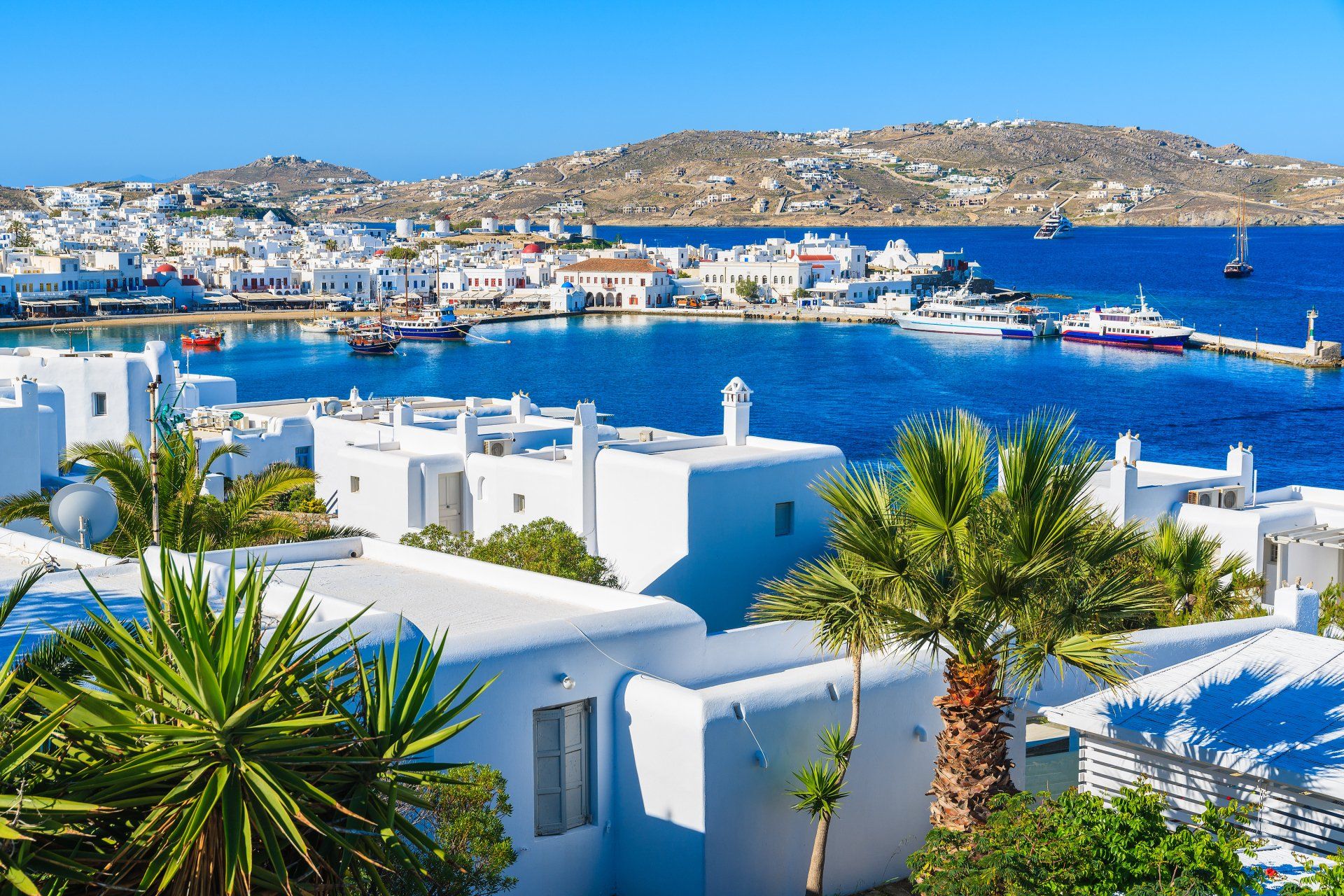 View of Mykonos port and town, Greece