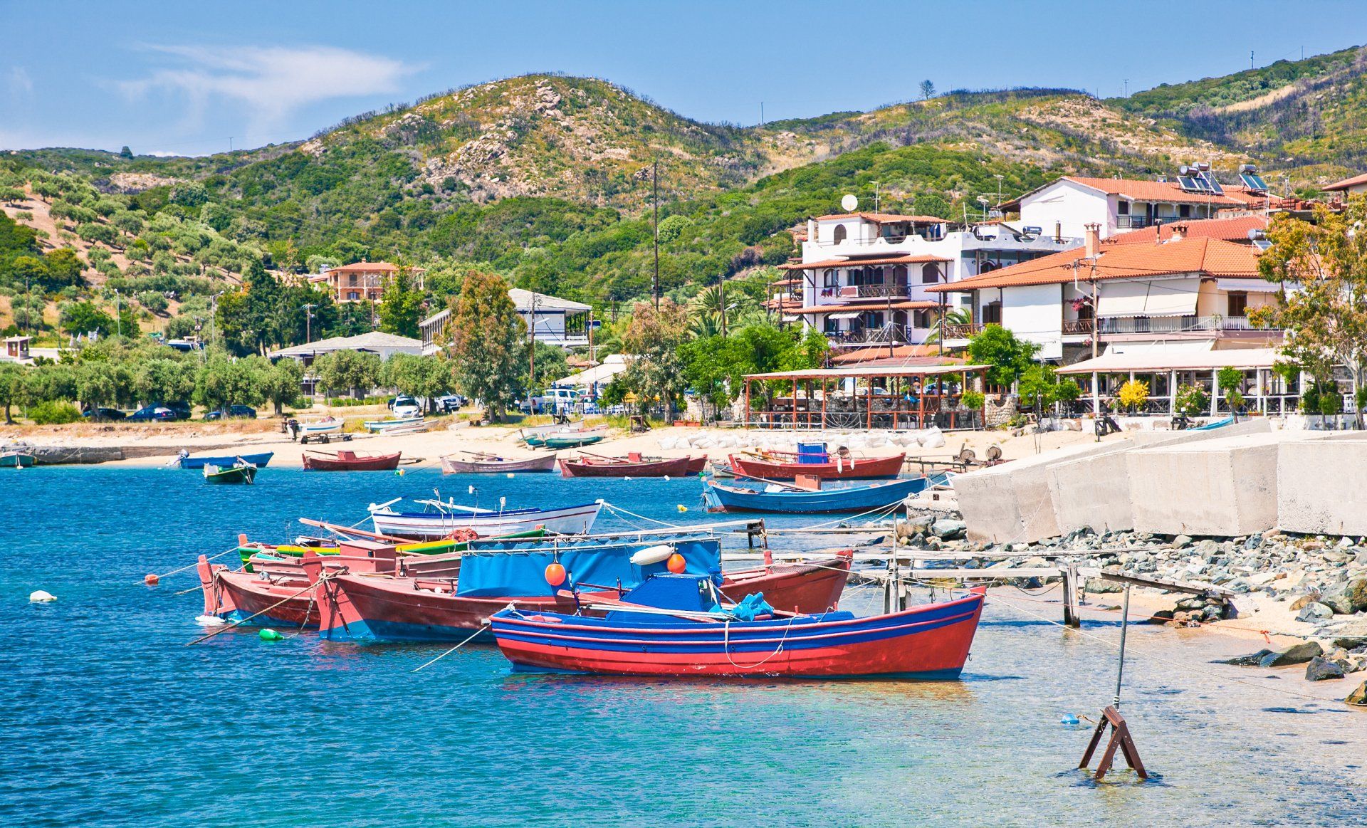 Beautiful view of Ouranoupolis harbour on Athos peninsula, Halkidiki, Greece