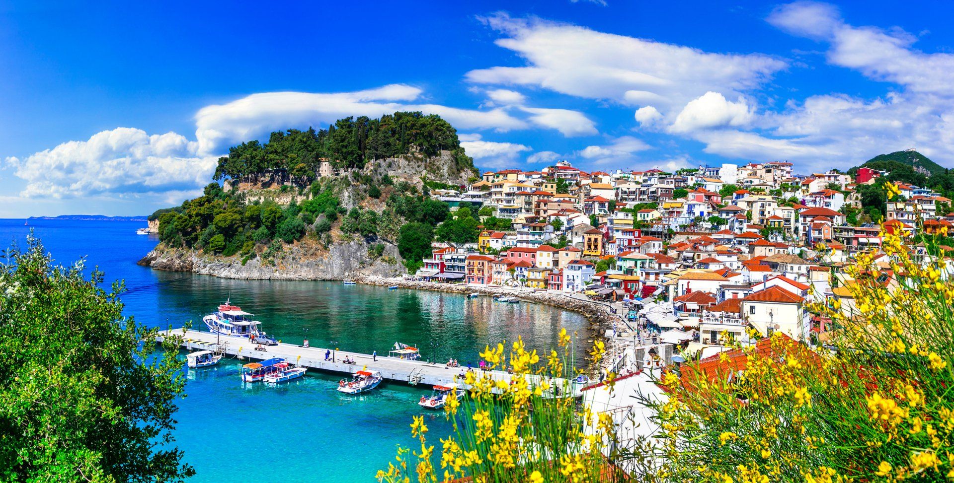 Aerial cityscape view of Parga, Greece