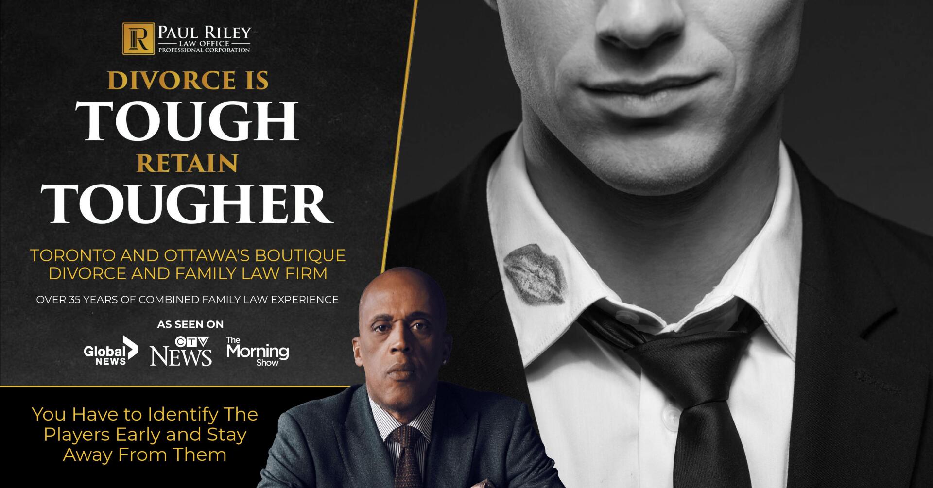 A man in a suit and tie is on a poster that says divorce is tough retain tougher
