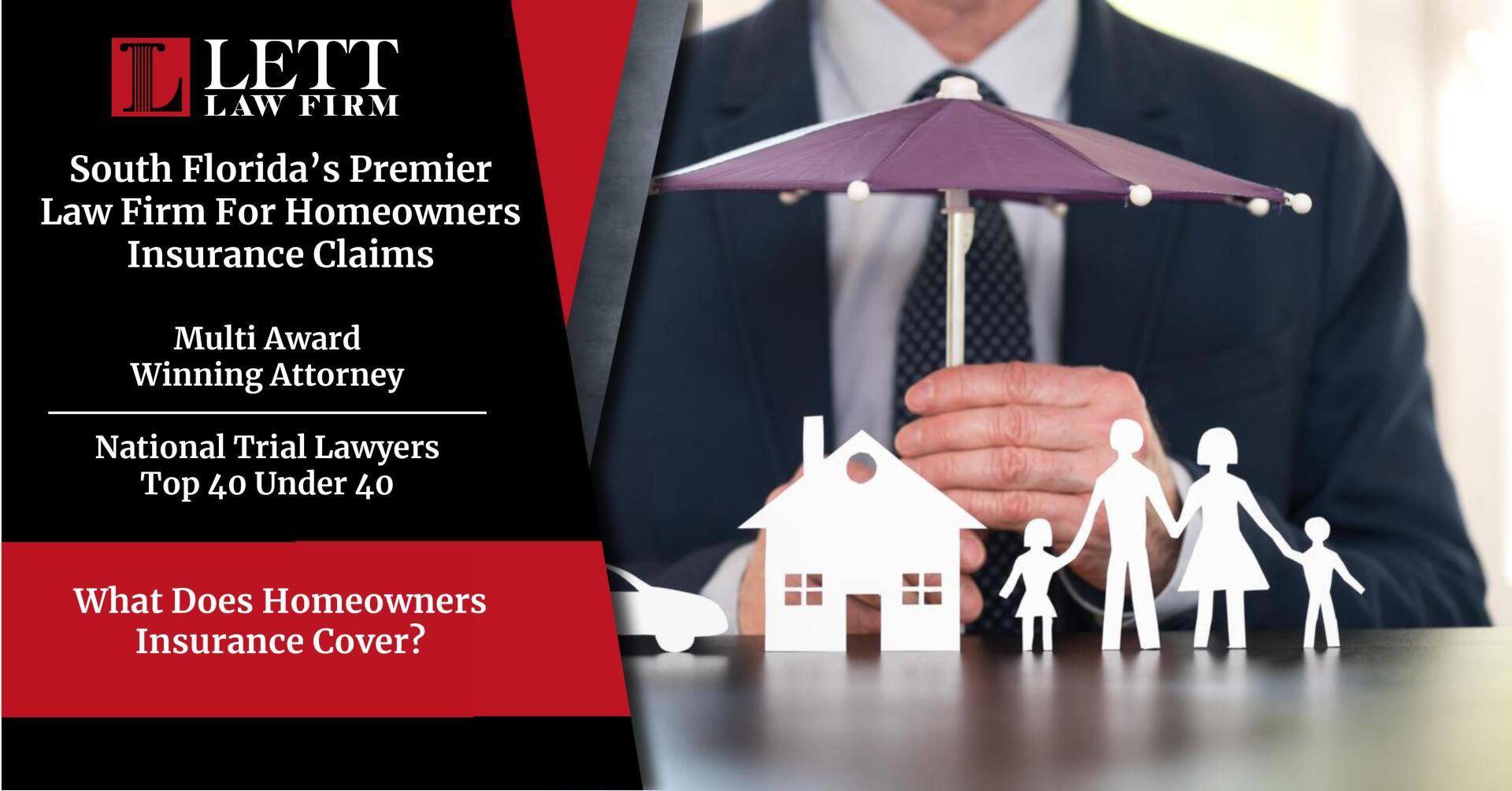 A man in a suit and tie is holding an umbrella over a model of a house and family.