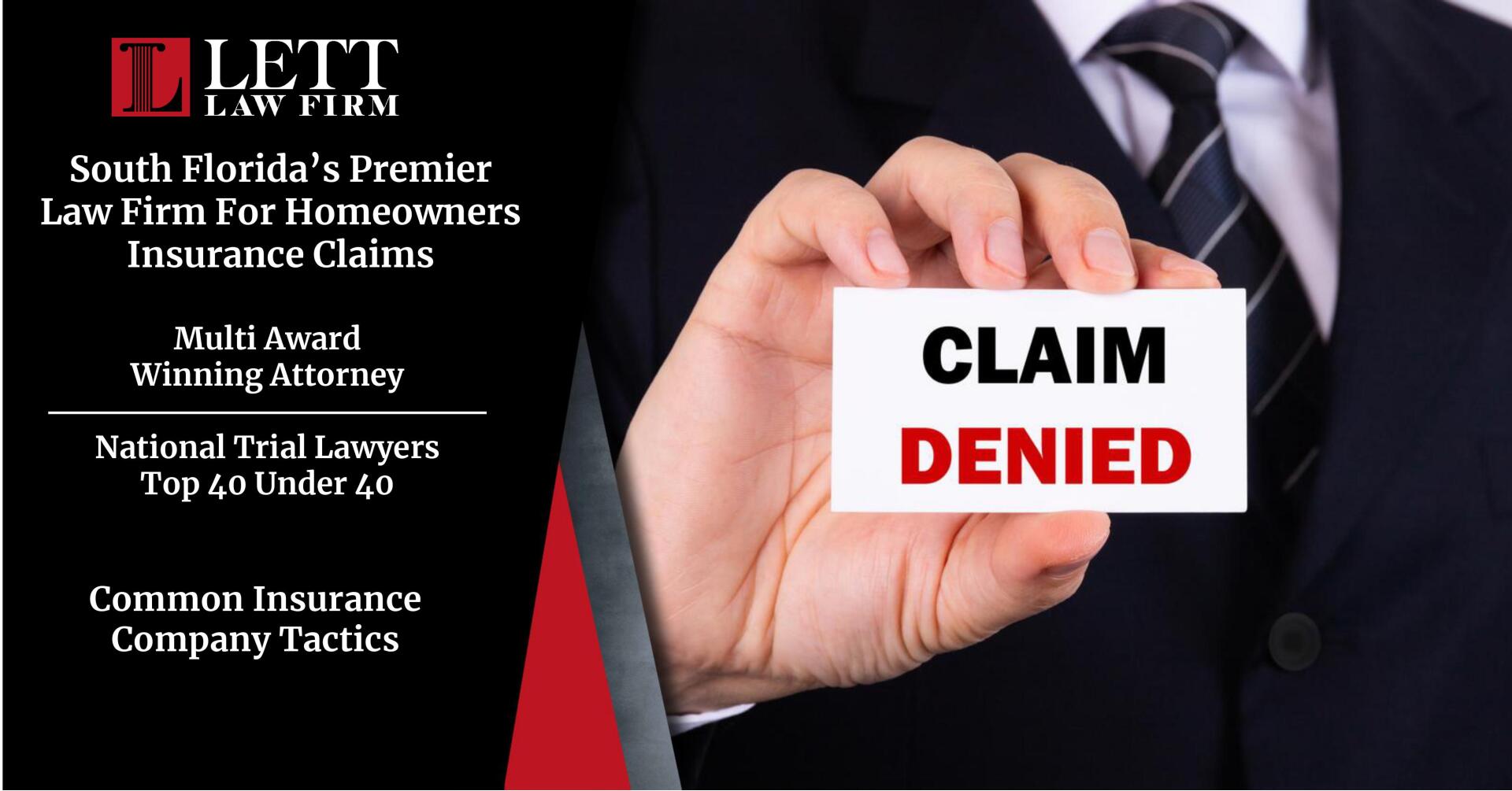 A man in a suit and tie is holding a card that says claim denied