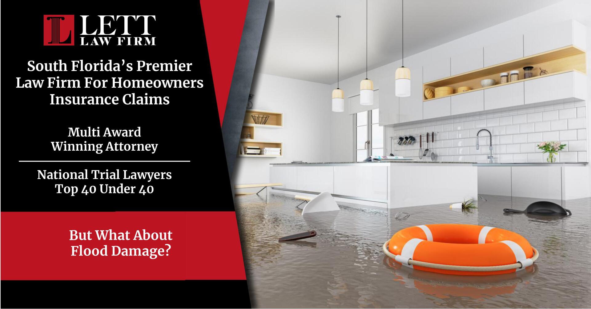 A flooded kitchen with a life preserver on the floor