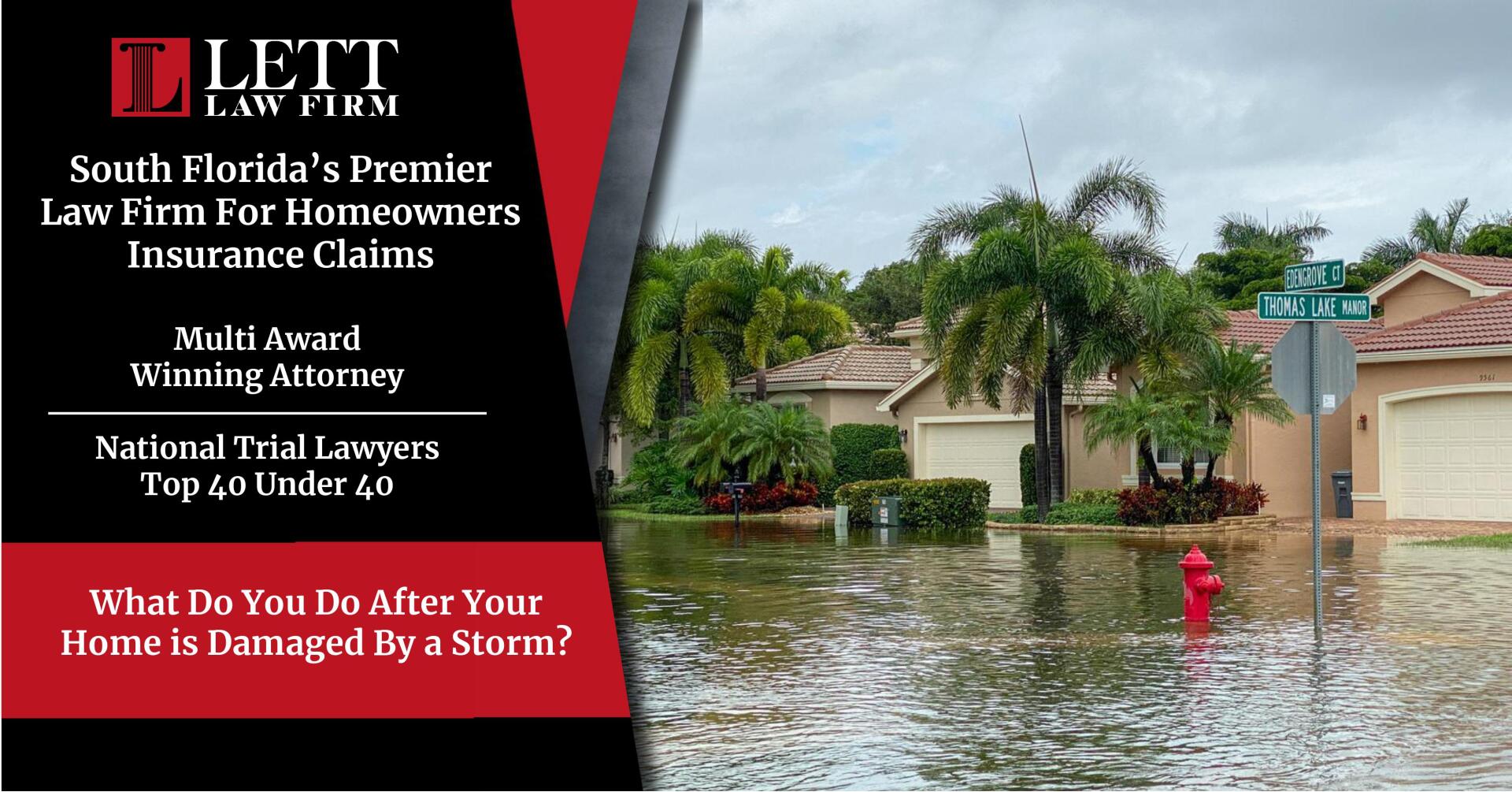 A flooded house with a red fire hydrant in front of it