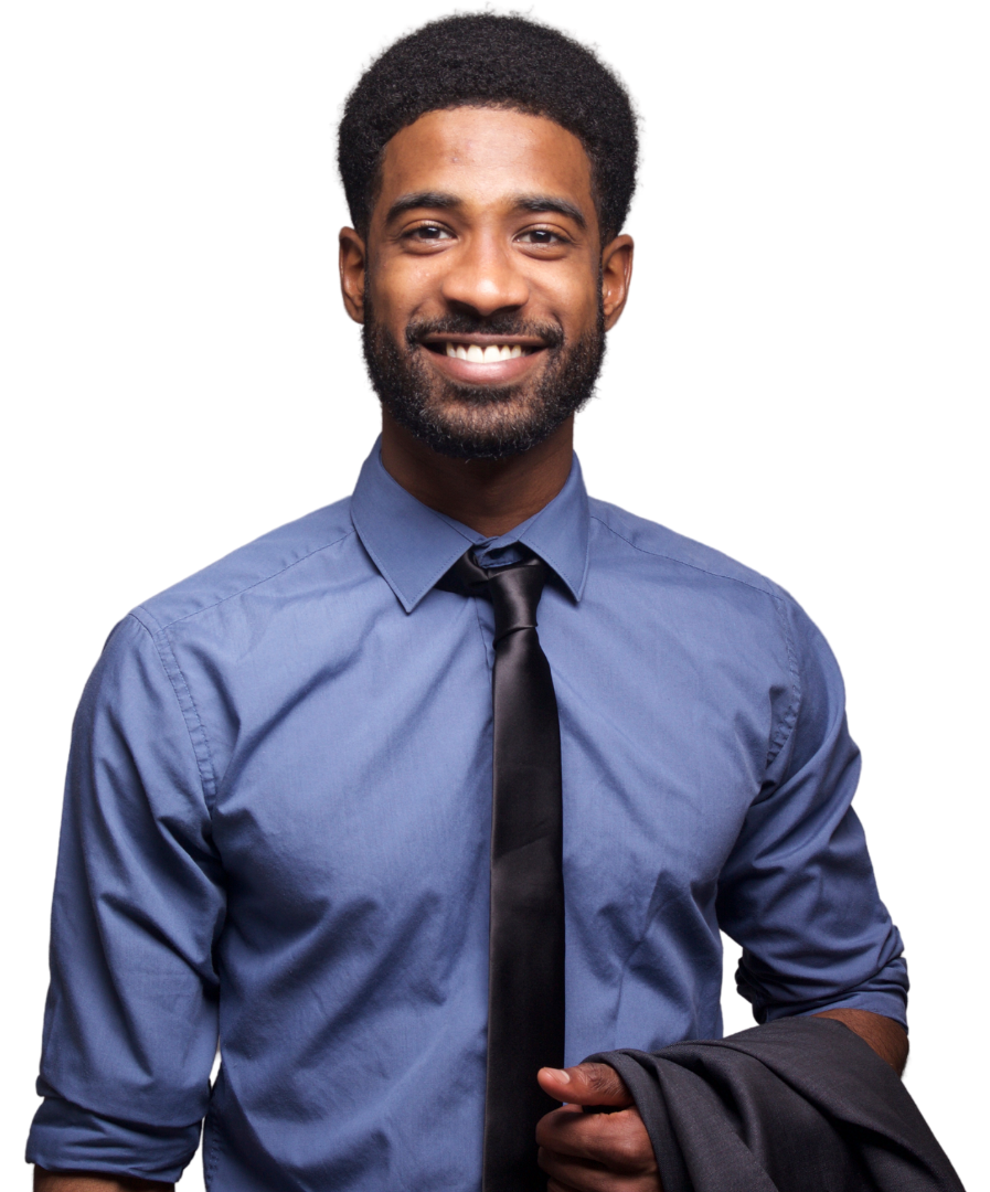 A man in a blue shirt and black tie is smiling