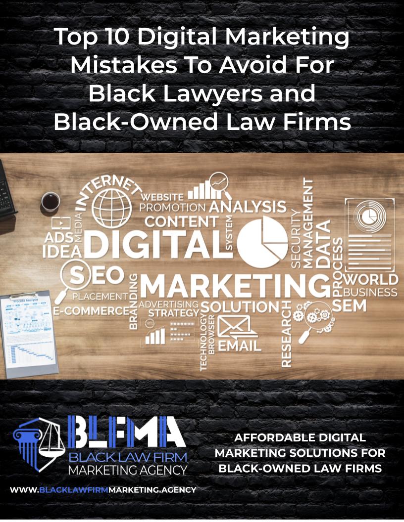 The cover of a book titled top 10 digital marketing mistakes to avoid for black lawyers and black-owned law firms.
