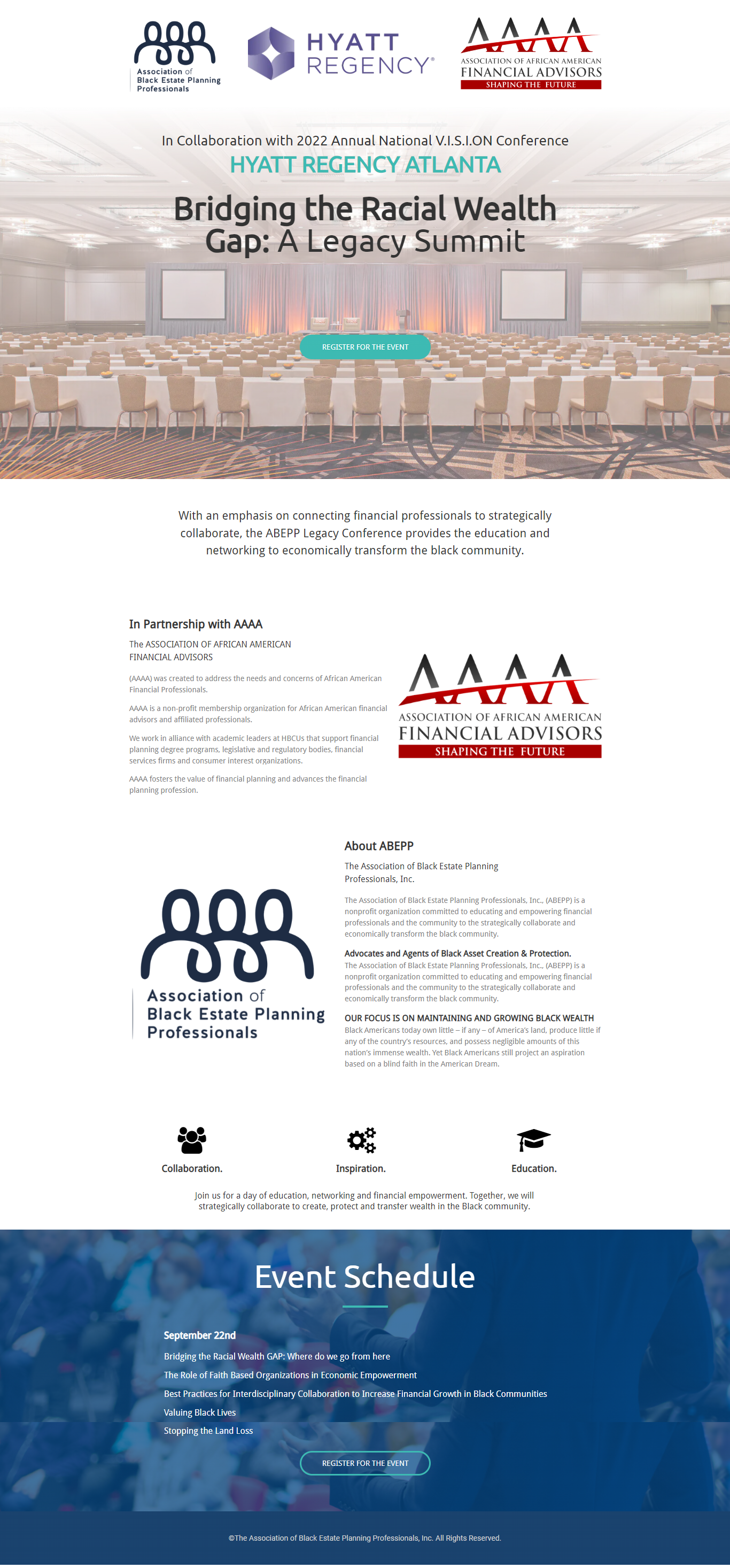 A landing page for a website with a group of people standing in front of a stage.