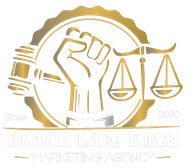 A logo for a law firm marketing agency with a fist and scales of justice.