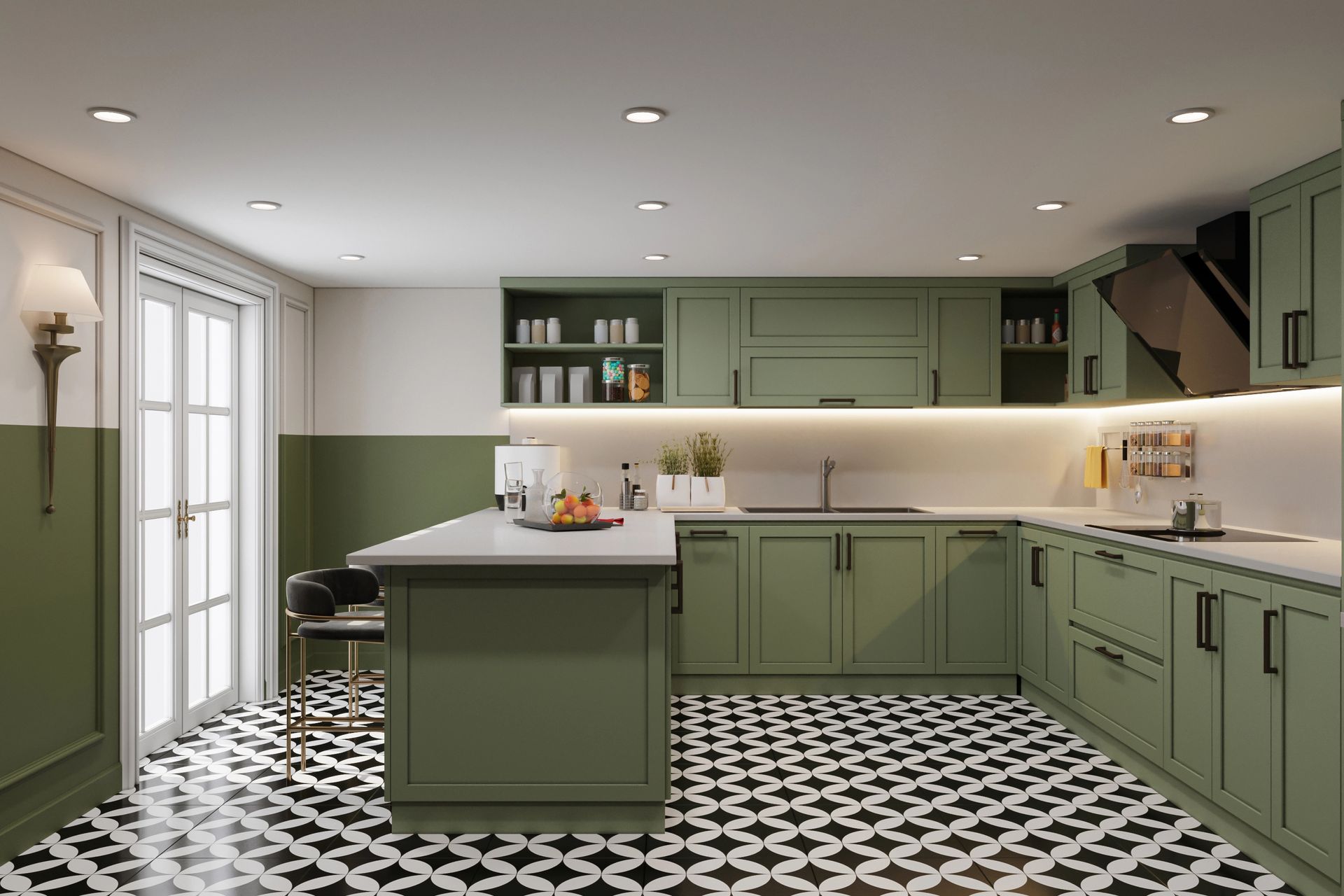 Green kitchen with a patterned floor and a white island in Roscoe, IL