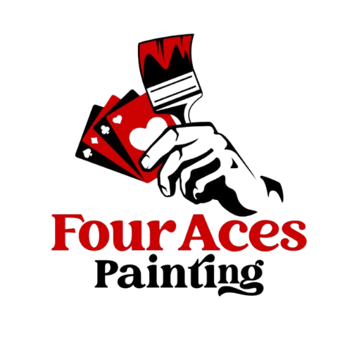 The logo for four aces painting shows a hand holding a brush and playing cards.