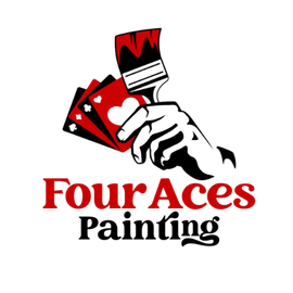 The logo for four aces painting shows a hand holding a brush and playing cards.